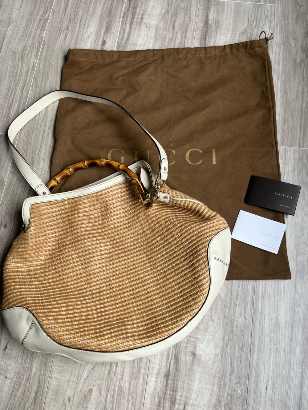 Gucci Cream and Tan Bamboo-Handle Shoulder Hobo Bag